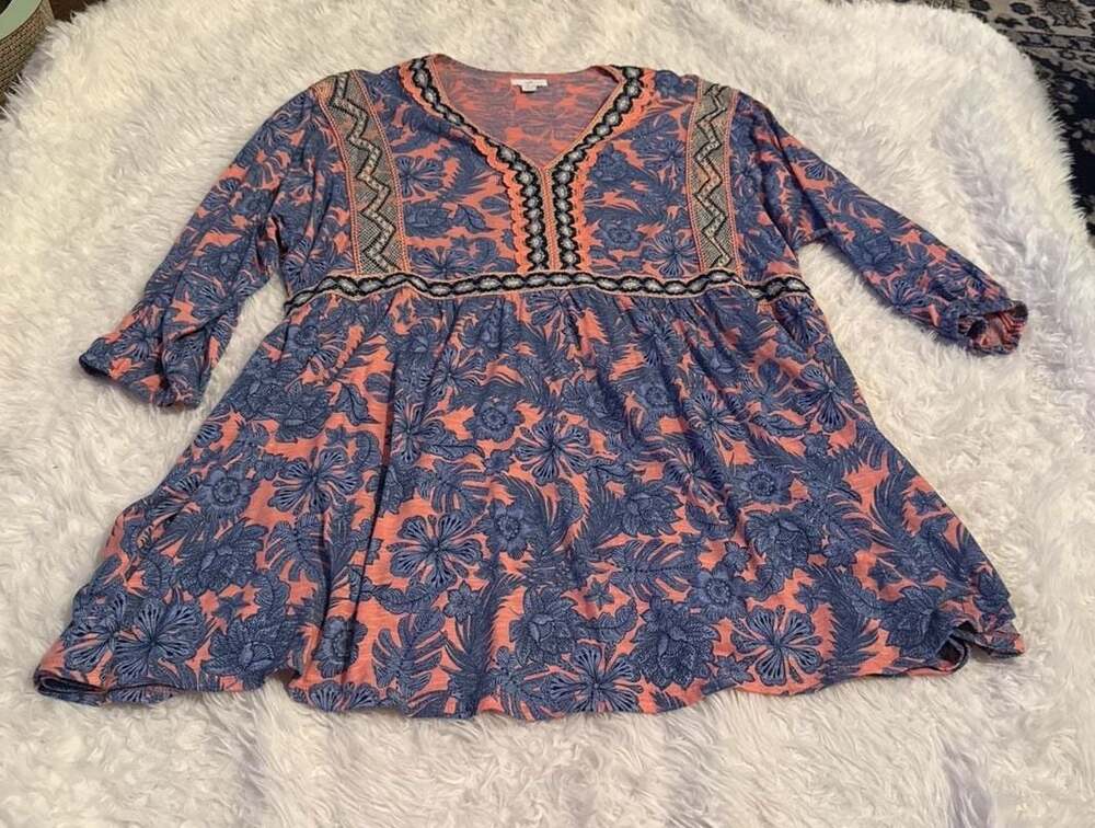 J. Jill Garden Refresh Floral Embroidered Metallic‎ Trim Boho Tunic Top